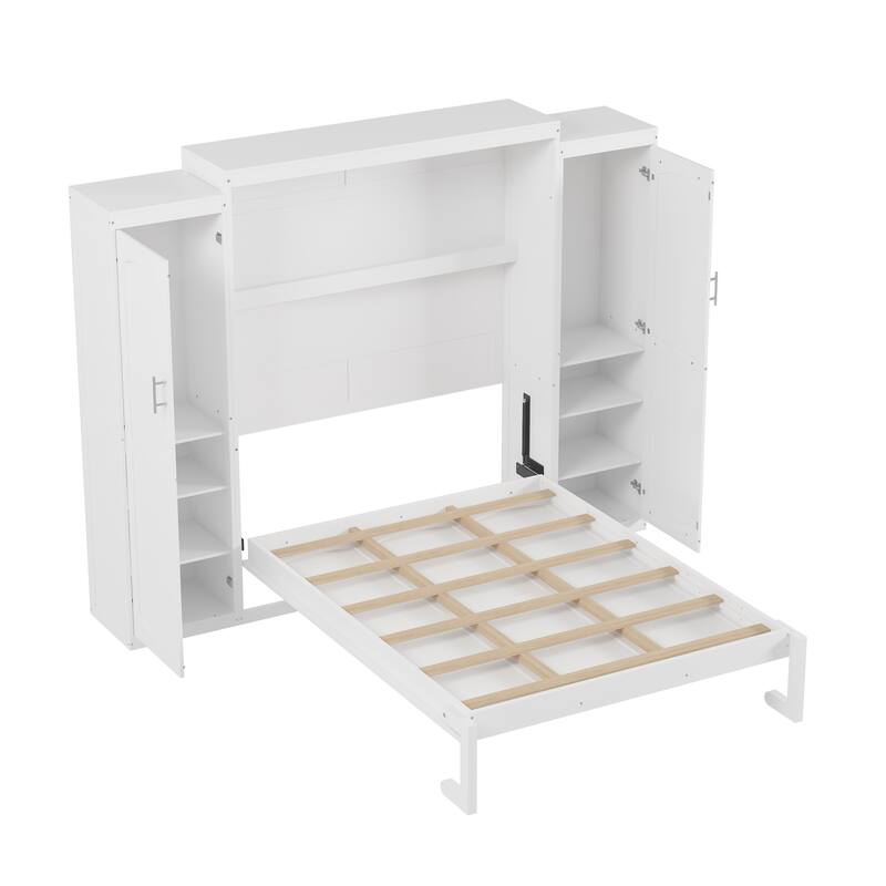 Full Size Wood Murphy Bed with Two Wardrobe and Storage Shelf, Multifunctional Foldable Platform Bedframe
