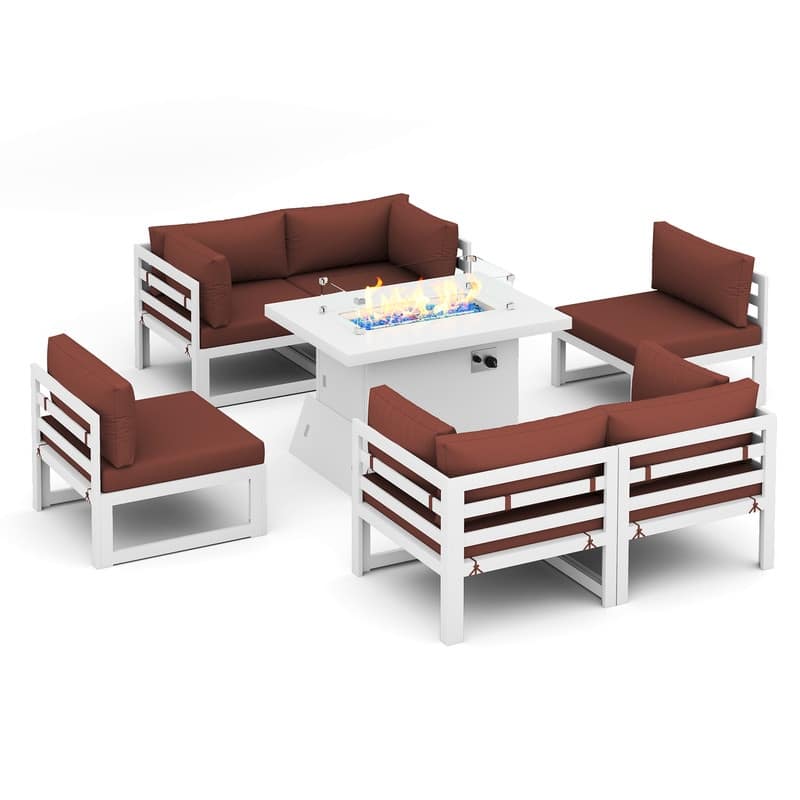 FINCATI Outdoor Furniture Aluminum Patio Set White Aluminum Outdoor Sofa with Thick Cushions and 29 Inch Deep Seat - 7 Pcs-B - Burgundy