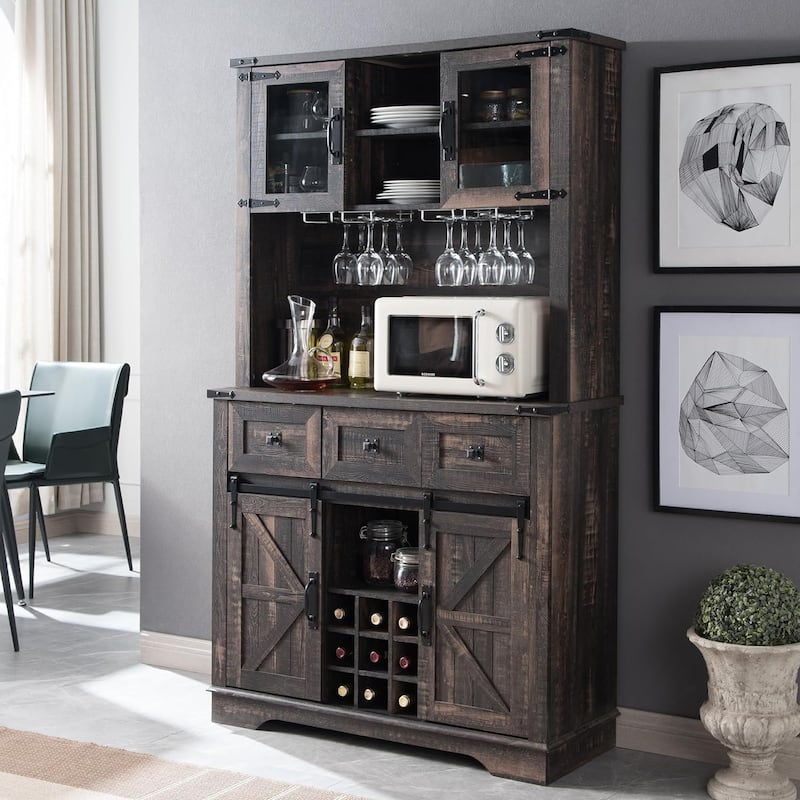 Farmhosue Bar Cabinet, Kitchen Buffet, Coffee Bar Sideboard Table - Dark Rustic Oak