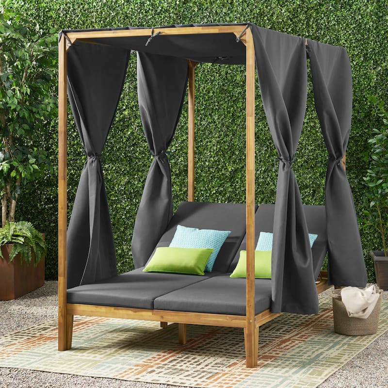 Kinzie Outdoor 2-seat Adjustable Acacia Daybed with Curtains by Christopher Knight Home - 51.25" L x 78.75" W x 78.75" H