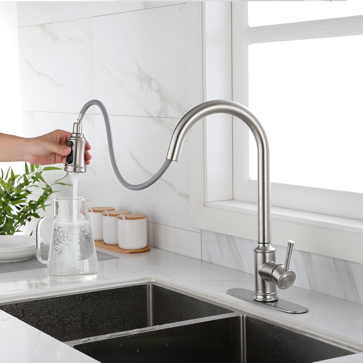 Single Handle Brushed Nickel Touch Kitchen Faucet with Pull ...