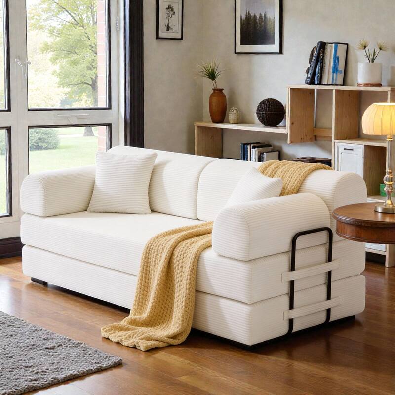 Convertible Sleeper Sofa Bed, 4-in-1 Corduroy Folding Floor Couch with Cylindrical Pillow, 2-Seat Space-Saving Lounge Sofa