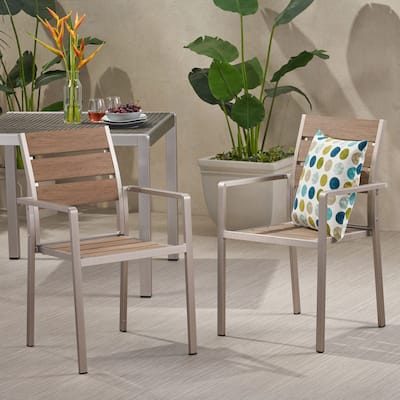 Outdoor Modern Aluminum Dining Chair with Faux Wood Seat (Set of 2),Natural and Silver