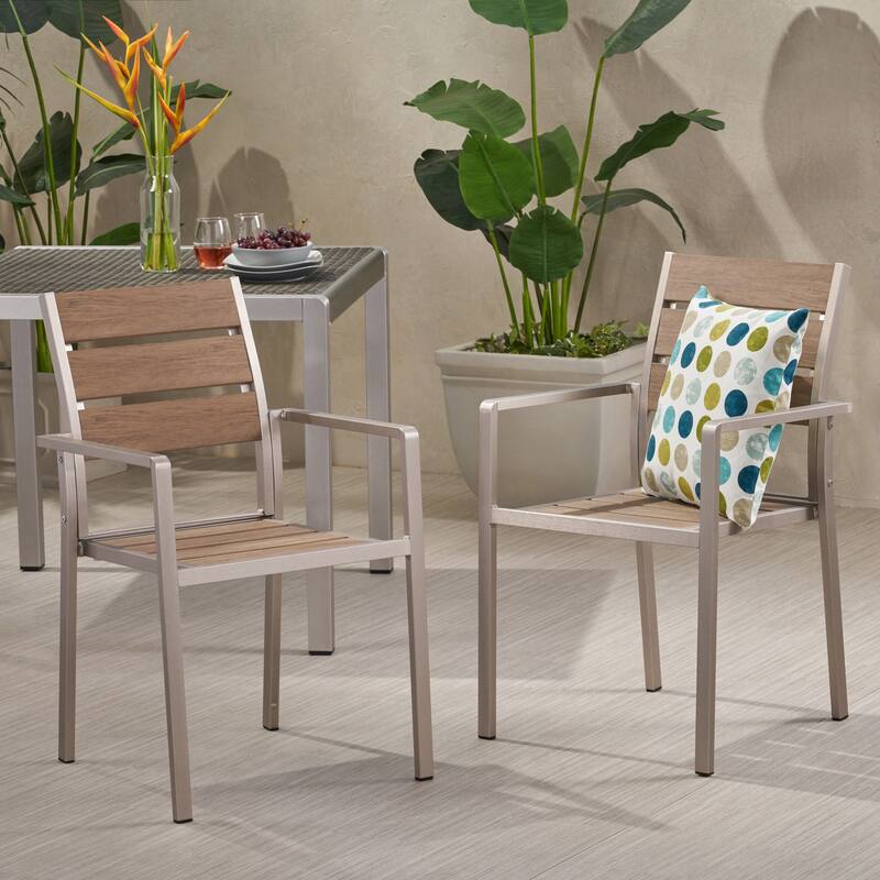 Outdoor Modern Aluminum Dining Chair with Faux Wood Seat (Set of 2)