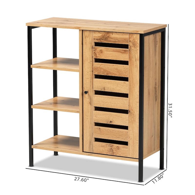 Vander Modern Oak Brown Wood and Black Metal 1-Door Shoe Cabinet