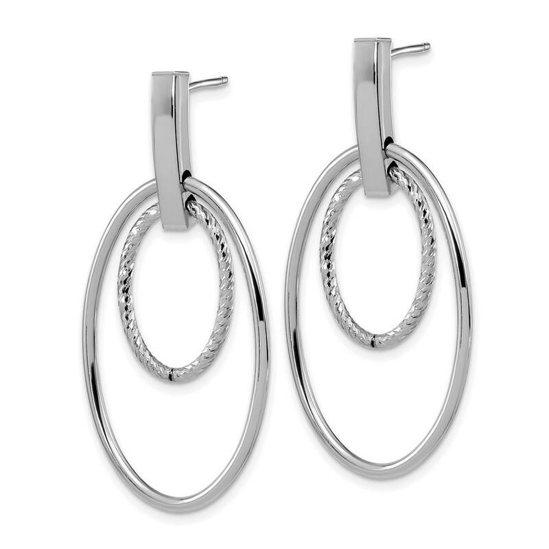 Curata 14k White Gold Polished and Textured Ovals Long Drop Dangle Post Earrings 44x22mm