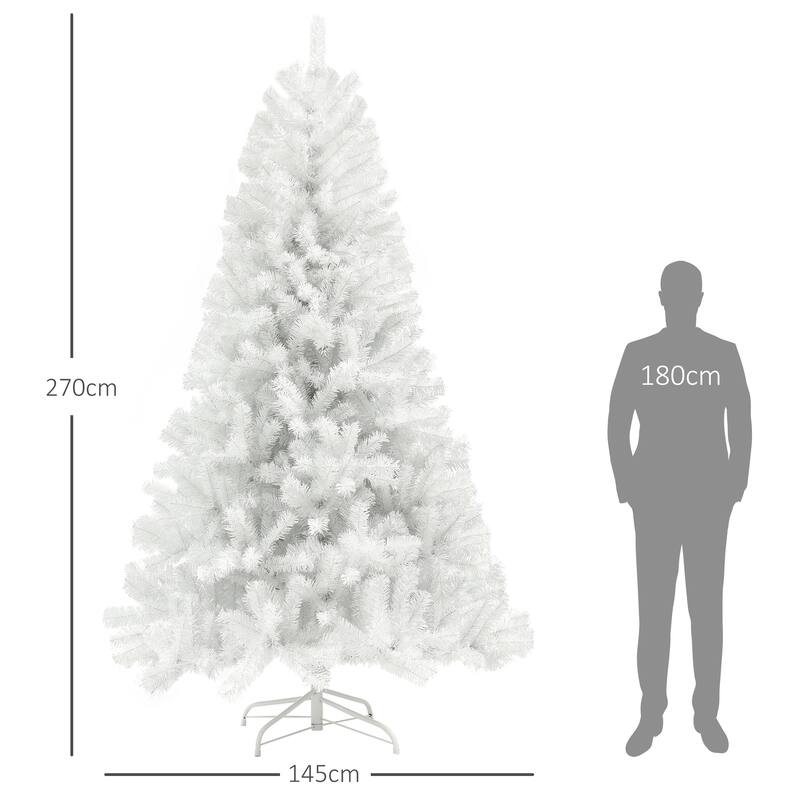 9ft Tall Artificial Christmas Tree, Unlit Xmas Tree with 2132 Branch Tips, Auto Open, Steel Base, Holiday Décor - White