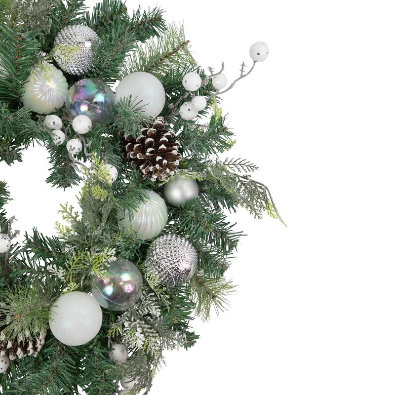 Green Pine Artificial Wreath Berries Iridescent Ornaments 24"
