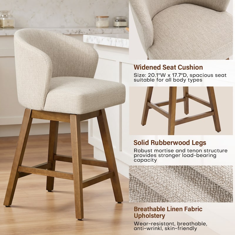 26 Inch Upholstered Swivel Counter Height Bar Stools with Back and Solid Wood Frame - 37.8"H x 20.9"W x 21.3"D