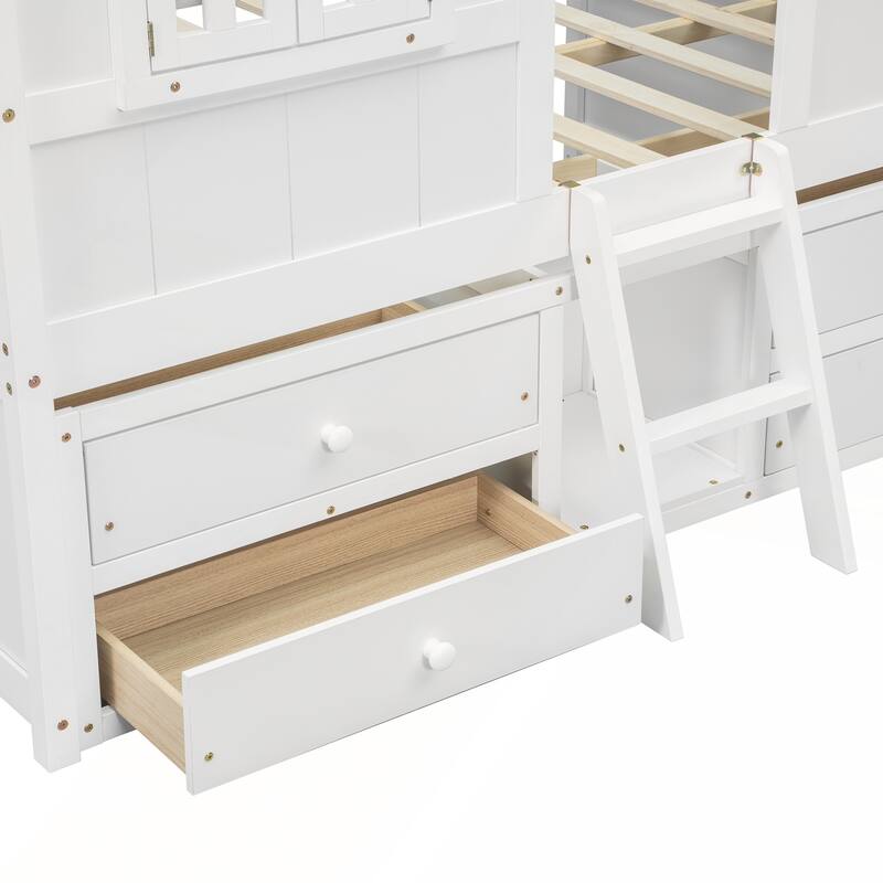 Full Size House Loft Bed with 4 Storage Drawers and Safety Guardrails