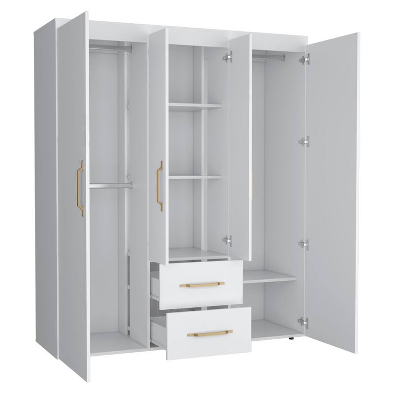 19.8" Modern Four-door Armoire with Hanging Rod, Two Spacious Drawers and Three Shelves