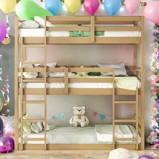 Rubber Wood Detachable Triple Twin Bunk Bed with Two Built-in Ladders,Guardrails,Kids and Baby