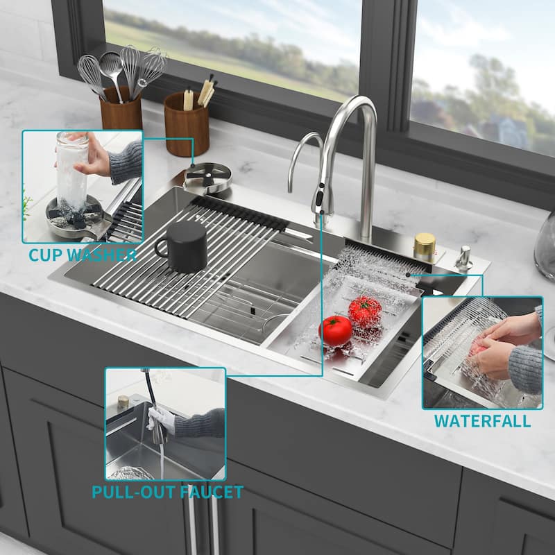 33" Drop in Single Bowl Workstation Kitchen Sink with Pull-Out Faucet and Cup Washer