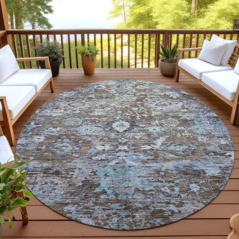 Machine Washable Indoor/ Outdoor Vintage Traditional Chantille Rug - Mocha - 8' x 8'