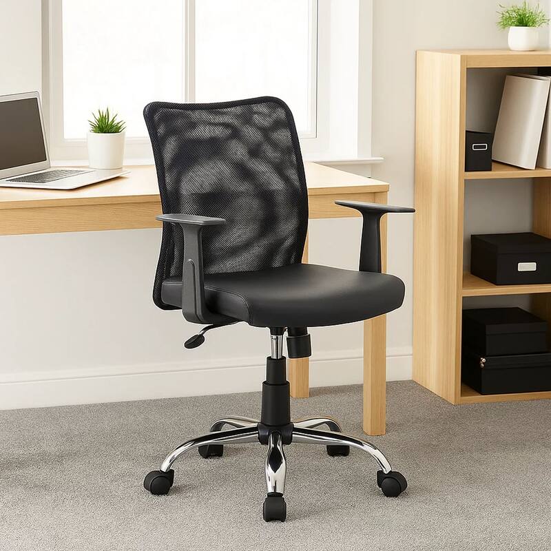 Lene Task Chair, T-Arms, Black Mesh and Caressoft Vinyl, Spring Tilt