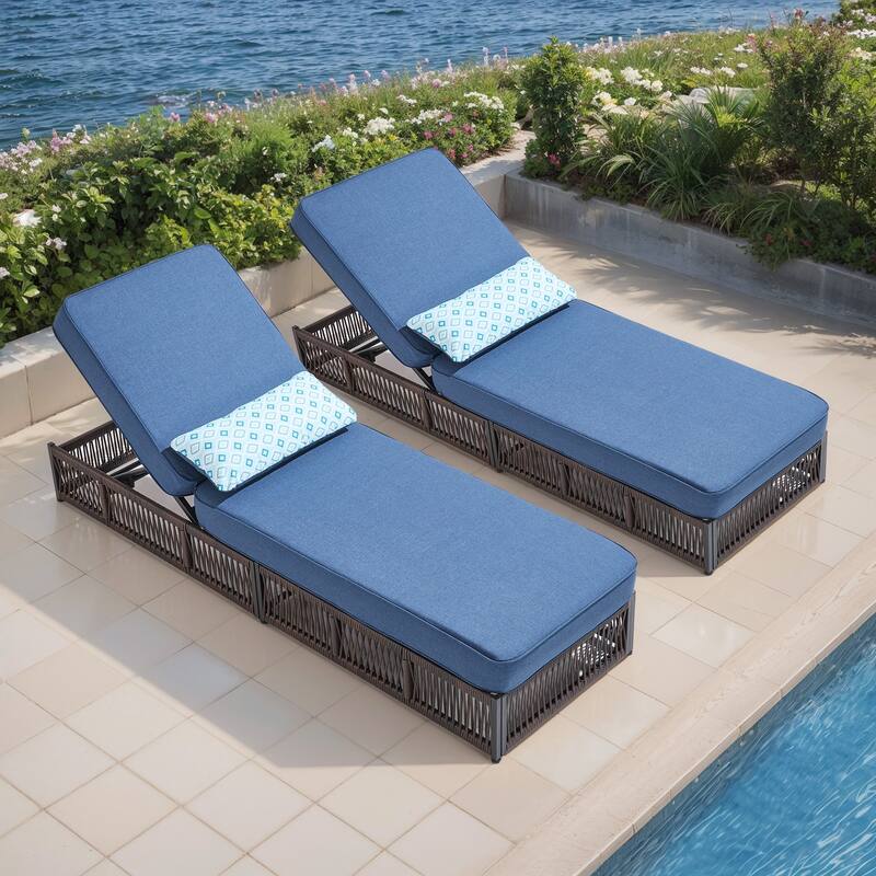 ArcoBay Brown Wicker Outdoor Patio Chaise Lounge with 5-Inch Thick Cushions (2-Pack)
