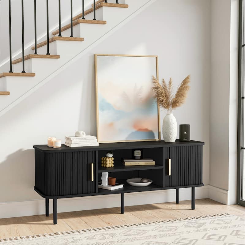 Mid-Century Modern Media Console, Tambour TV Stand with Storage Cabinet and Shelf