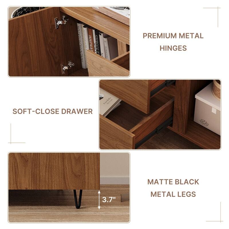 71" Walnut Finish TV Stand with Drawers & Closed Cabinets - Modern Media Console with Open Shelves