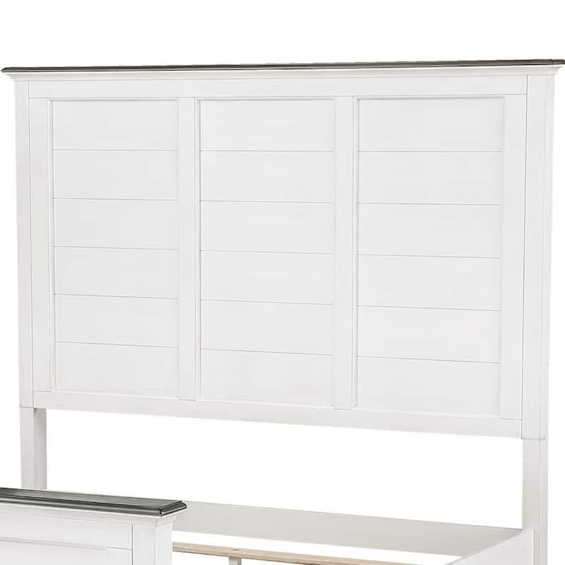 Woki Queen Size Bed, Solid Wood Panel Design, Farmhouse White and Brown