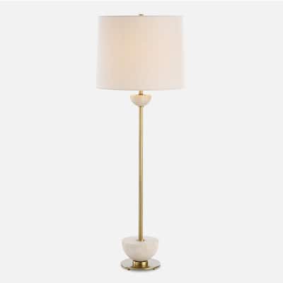 Buffet Lamp with Two Travertine Half Spheres - 36.5" - Brass Finish
