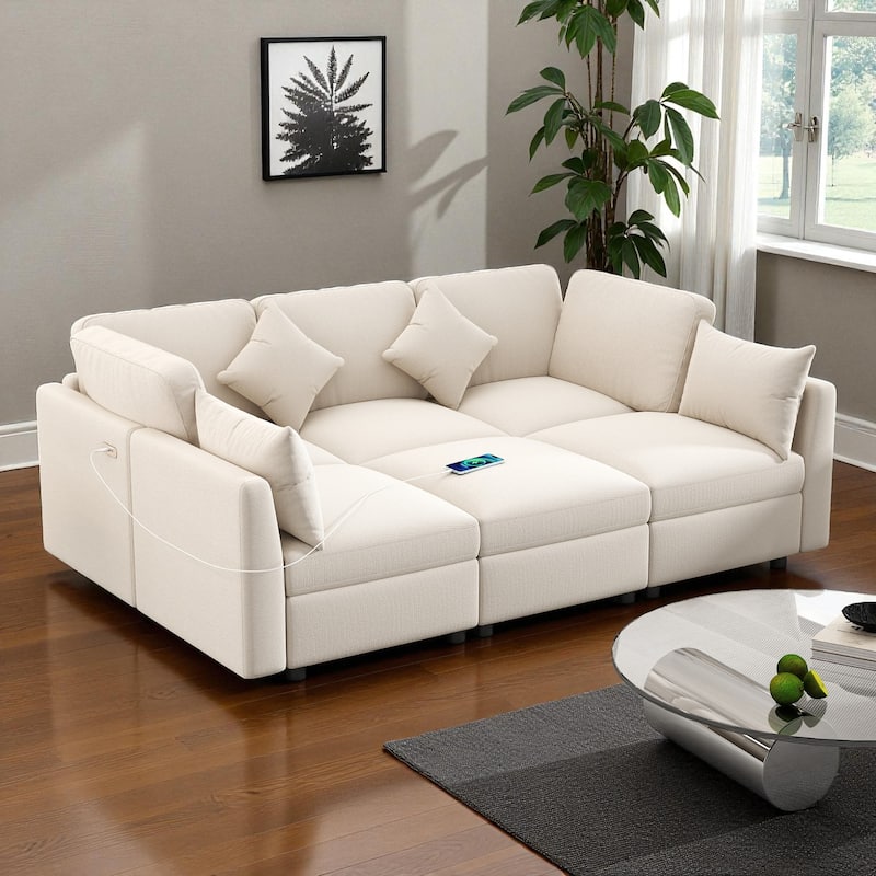 86.6" Modular Sectional Sofa with Ottoman and USB Ports, U-Shaped L-Shape Couch Bed with Chenille Fabric for Living Room - Beige