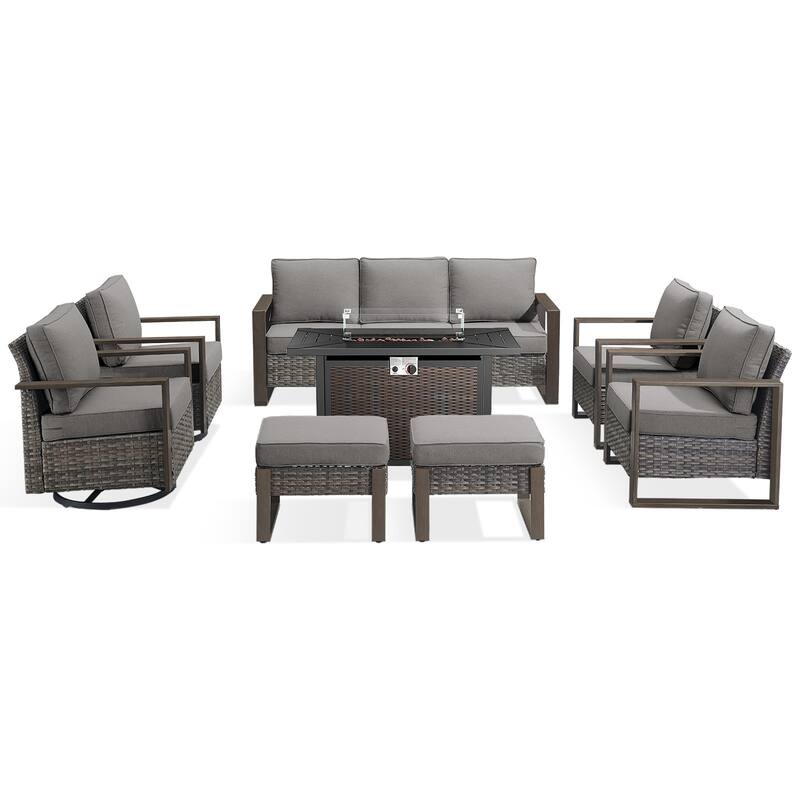 Meyreso Wicker Outdoor Patio Metal Fire Pit Set with Swivel Gliders and Olefin Cushions