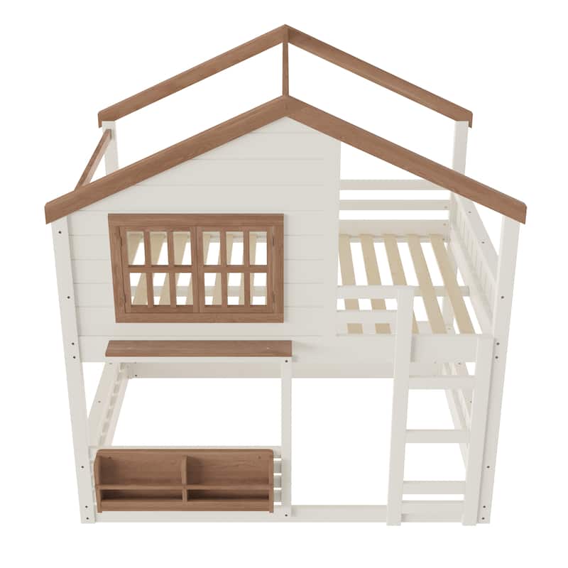 Fairytale House Bunk Bed Kids Loft Bed Frame with Bookshelf and Shelf