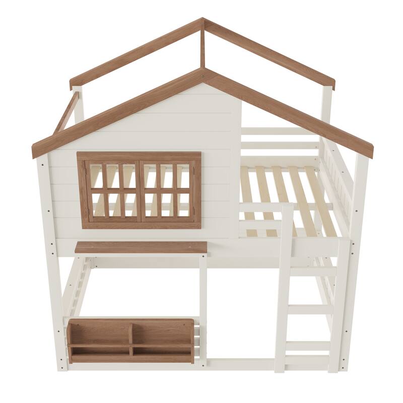 Fairytale House Bunk Bed Wood Loft Bed Frame with Bookshelf and Shelf