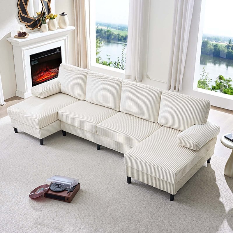 Mixoy W110"U-Shaped Sectional Sofa Couches with Double Chaises and Sleepable Armrests,Corduroy Upholstered 4-Seater Sofa