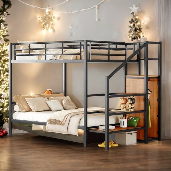 slide 2 of 9, Modern Full over Full Bunk Bed With Lateral Storage Ladder and Wardrobe Black