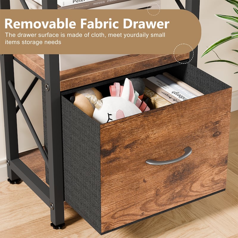 5-Tier Bookshelf with Fabric Drawer, Wood & Metal Storage Shelf