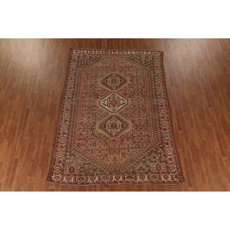 Tribal Qashqai Persian Vintage Area Rug Hand-Knotted Wool Carpet - 7'0"x 9'10"