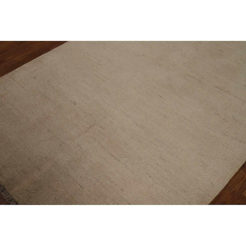 Gabbeh Modern Rug Handmade Beige Solid Wool Carpet - 4'2" x 5'10"