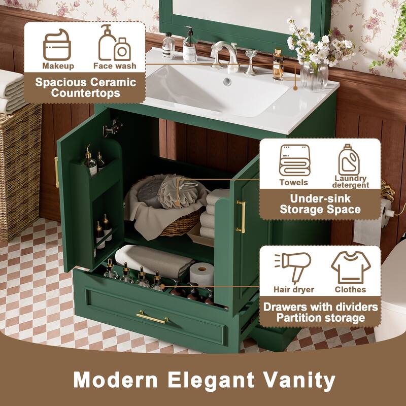 30" Bathroom Vanity with Sink, MDF and Solid Wood Frame, 1 Divider Drawer and 2 Soft-close Doors (Double Shelf on Door)