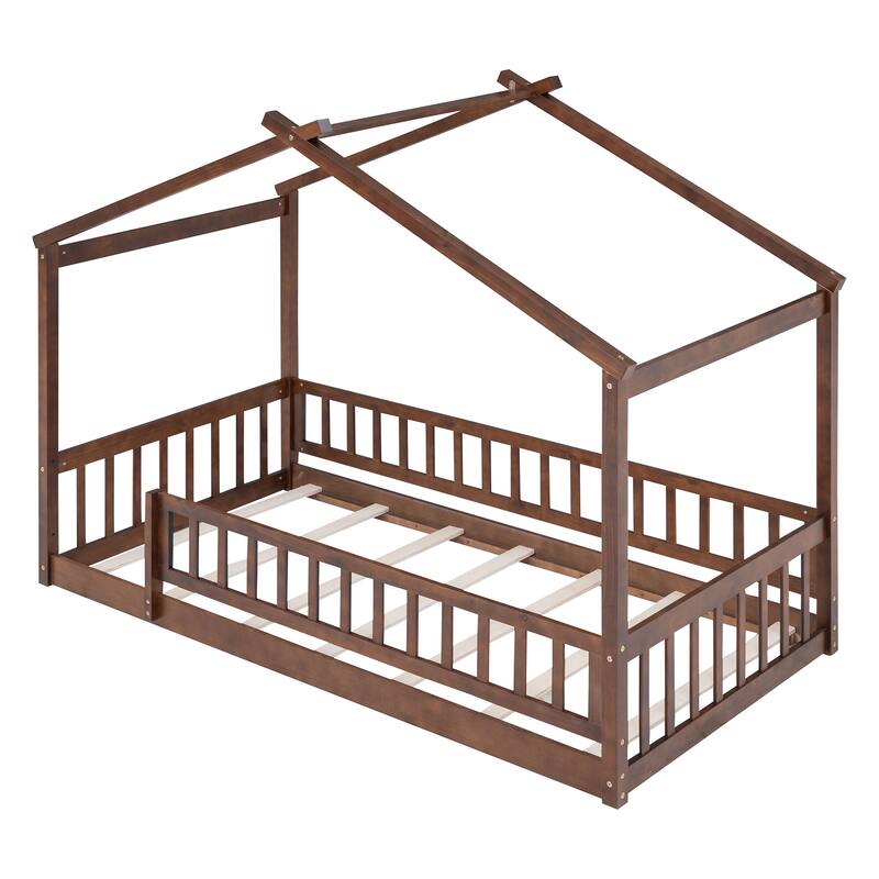 Twin Size Wood Bed Frame with Roof and Fence, Ideal for Children's Playhouse and Sleeping Space