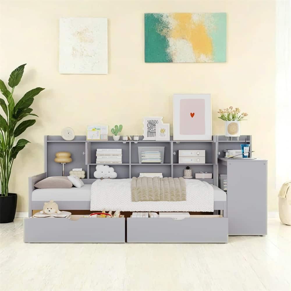 Twin Size Daybed w/Storage 3 Cabinets & 2 Drawers,L-Shape Daybed Frame