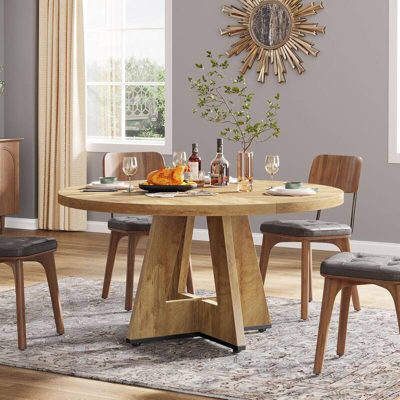 47" Round Wood Dining Table 4-Seater Farmhouse with Wooden Tabletop Cross Base for Dining Room/Kitchen