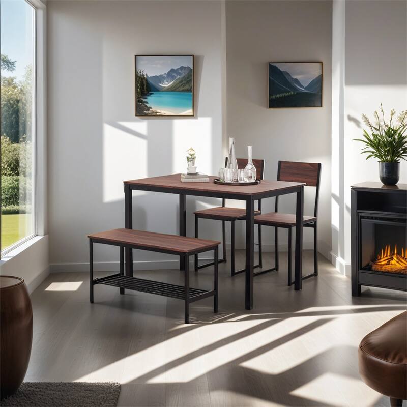 Wooden 4 Piece Dining Room Table Set with Bench, Chairs, Storage Rack - Brown