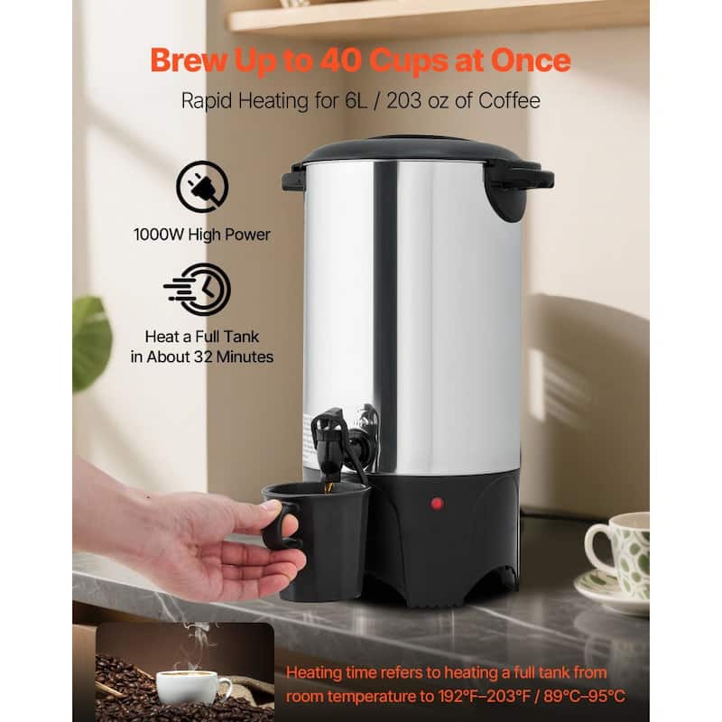 6L Stainless Steel Coffee Maker Commercial Urn 40 Cups Fast Brewing Hot Coffee Dispenser - 10.4 x 9.6 x 15.9 in