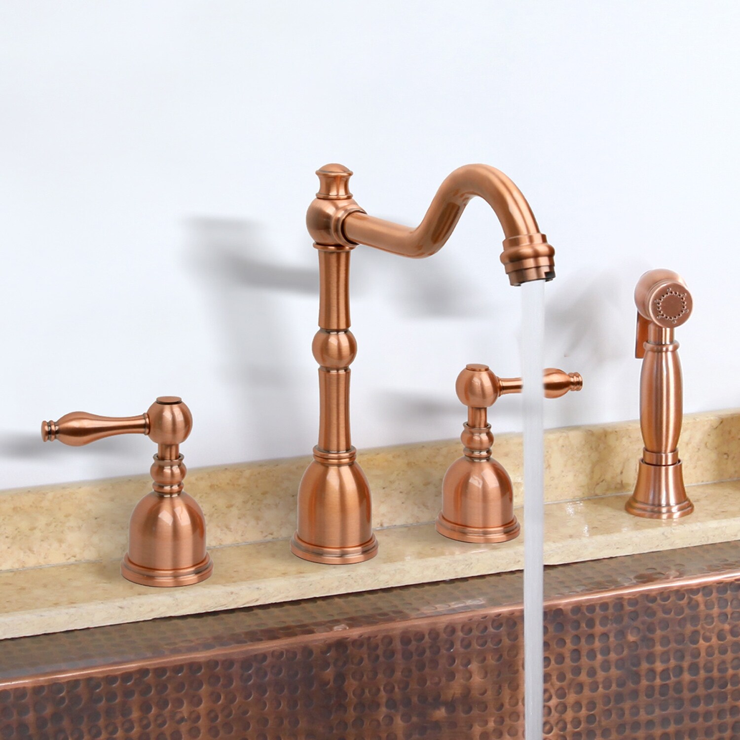 Two-Handles Copper Widespread Kitchen Faucet with Side Sprayer