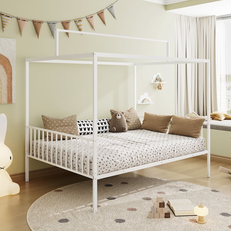 3-in-1 Convertible Montessori Metal floor bed,Modern Minimalist Design Canopy Platform Bed Funland - White