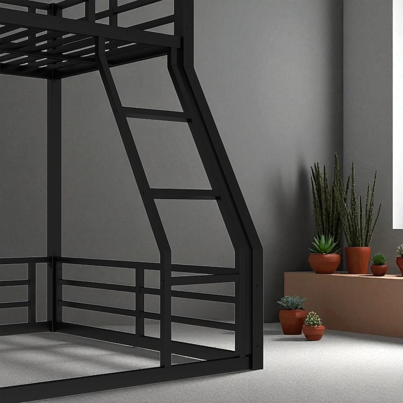 Metal Bunk Bed Twin XL/Full XL/Queen Over Queen, Heavy-Duty Low Bunk Frame with Guardrails and Quiet Design