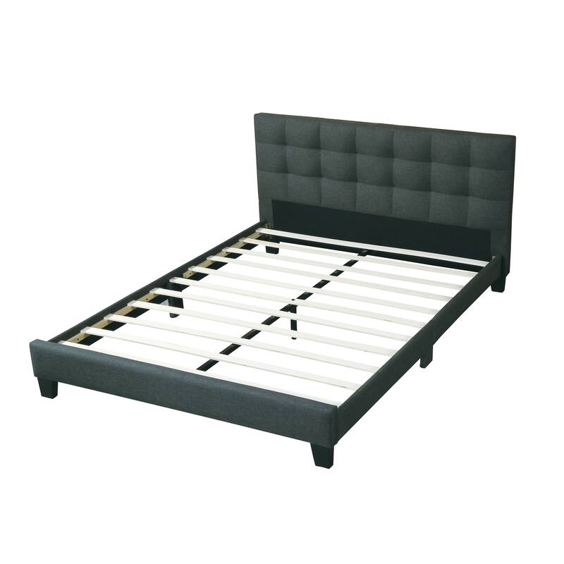 Queen Size Platform Bed with Tufted Upholstered Headboard, Charcoal Polyfiber Fabric, Modern Design