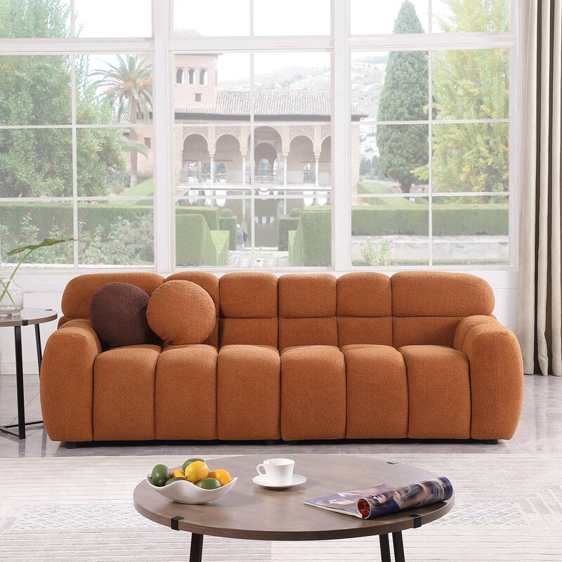 Light Brown Boucle 3 Seater Marshmallow Sofa, 87x36x28 inches - Multi-Color