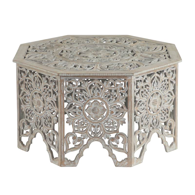 Wooden Floral Handmade Intricately Carved Coffee Table with Hollow Interior - Light Gray or Cream - Roche River Decor