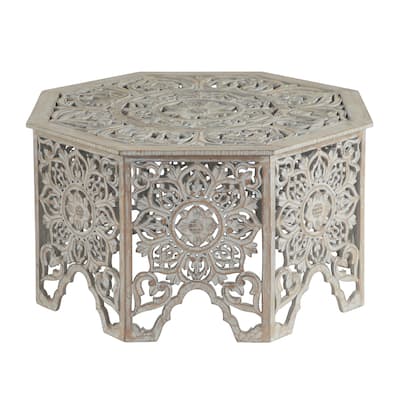 Wooden Floral Handmade Intricately Carved Coffee Table with Hollow Interior - Light Gray or Cream - Roche River Decor
