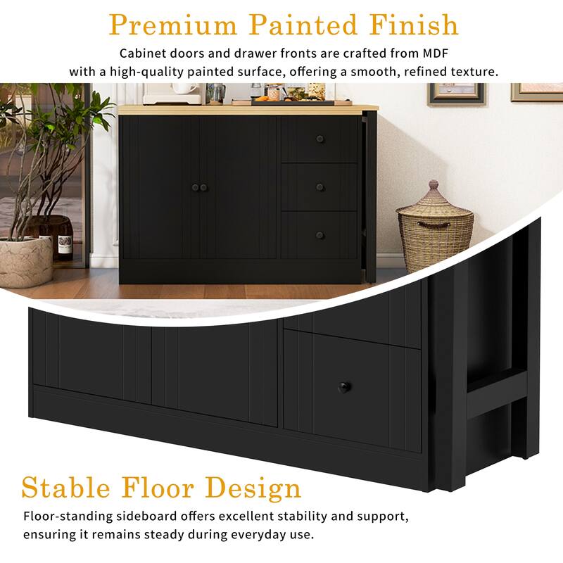 89.7" Wooden Sideboard Buffet Cabinet with Extendable Table, 2 Doors, 3 Drawers, Adjustable Shelf for Kitchen or Living Room