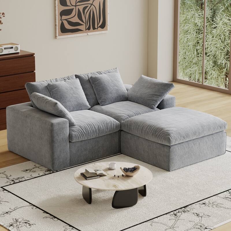 Deep Seat Loveseat Sofa & Ottoman Set, Modular L-shaped Sectional Sofa - Grey