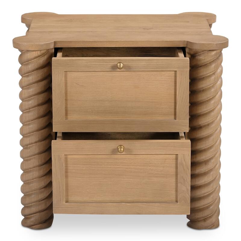 NADAAL STUDIOS Calvert Treccia Nightstand, Solid Oak with Oak Veneer Panels, 2 Drawers, Turned Legs, Natural Finish