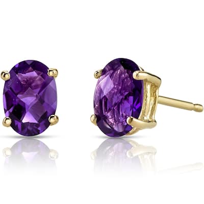 14k Yellow Gold Amethyst Stud Earrings 1.44 ct Oval Shape